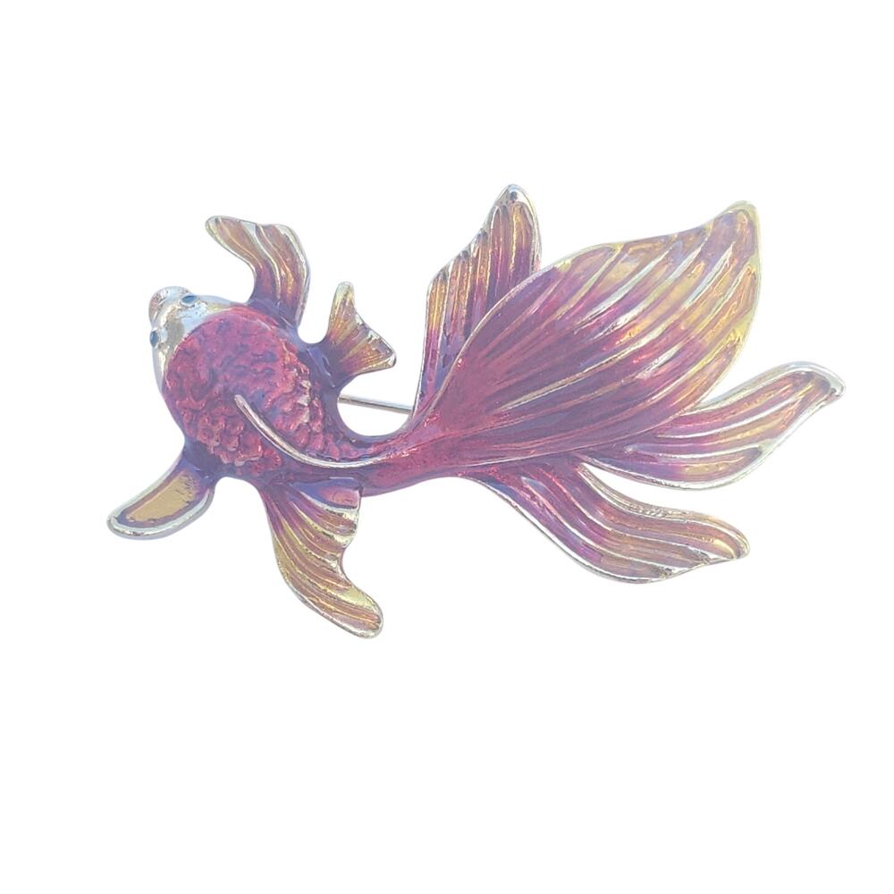 Vintage Red Enamel Goldfish Brooch C Clasp Koi Animal Ocean Jewelry Pin Gift